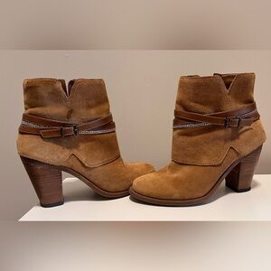 Tan booties & the soles are like new, couple blemishes as pictured